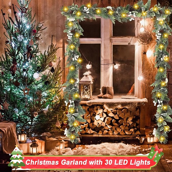Artgar 6 Ft Christmas Garland, Pre-Lit Christmas Garland - Artificial Garland Christmas Decorations with 30 LED Lights Decorated with Pinecones, Berries for Mantels Dining Tables Porch Decor (White)