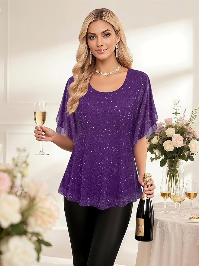 Ninedaily Women's Tops 3/4 Sleeve Blouses Dressy Casual Double Layers Mesh Tunic Shirts