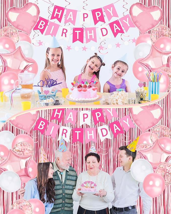 Pink Happy Birthday Party Decorations, Happy Birthday Banner, Pink Foil Heart Star Confetti Balloons Curtain Backdrop Hanging Swirls Butterfly Party Decor for Girls Women Princess