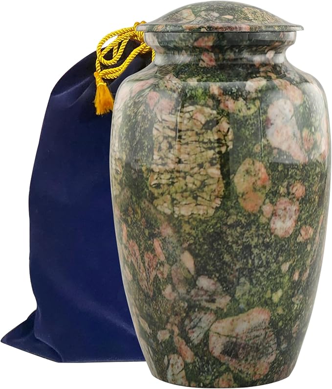 Large Cremation Urn | Handcrafted Marble Finish Adult Cremation Urn | Funeral and Memorial Cremation Urns for Human Ashes up to 200 lbs with Velvet Bag (Green Marinace)