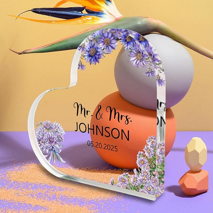 Custom Wedding Heart Acrylic Plaque,Mr & Mrs Cake Topper,Personalized Wedding Keepsake/Gift/Sign (Style 4)