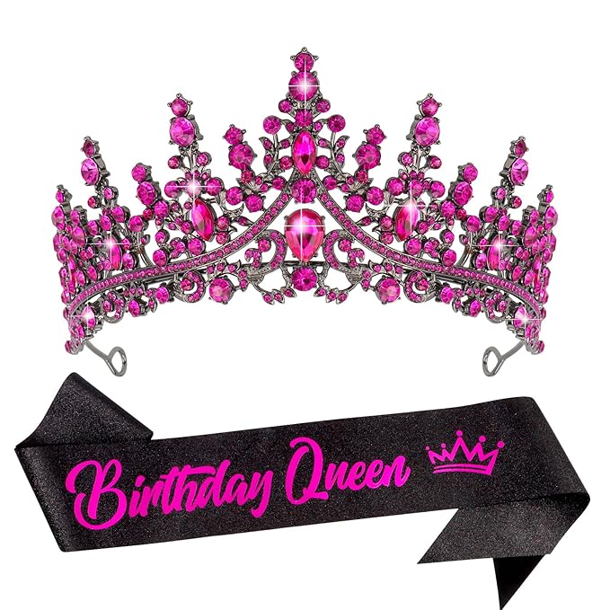 VELSCRUN Birthday Queen Tiara Crowns for Women Girls Rose Pink Crystal Birthday Queen Headband Sash Elegant Princess Crown Happy Birth Party Decorations Mom Sisters Birth Gift Hair Accessories
