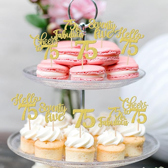 30PCS Happy 75th Birthday Cupcake Toppers Glitter Hello 75 Fabulous Seventy Five Cheers to 75 Years Old Birthday Cupcake Picks for Happy 75th Birthday Anniversary Party Cake Decor Supplies Gold