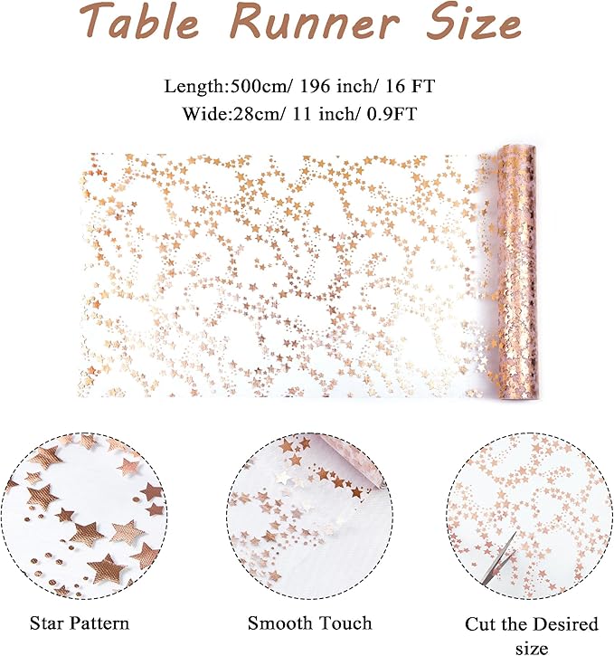 YATOJUZI Rose Gold Table Runner,16 Ft Star Sheer Chiffon Tulle Table Runner,Sequin Glitter Metallic Foil Rose Gold Table Decorations Centerpiece for Wedding Birthday Party