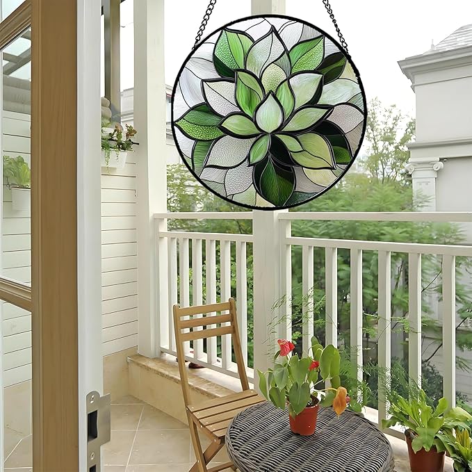 Stained Glass Window Hanging - Green Succulent Plants Suncatcher for Doors Garden Patio Floral Sun Catchers Decor Christmas Mother's Day Birthday Gifts for Women Men Mom Nana Friend 6.3 in