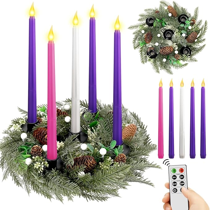 Tioncy 12 Inch Christmas Advent Wreath Candle Holder with 5 Flameless Candles Remote Control Wreaths Holder Centerpiece Decoration with Berries (White Berries,11 x 0.8 x 0.8 in)