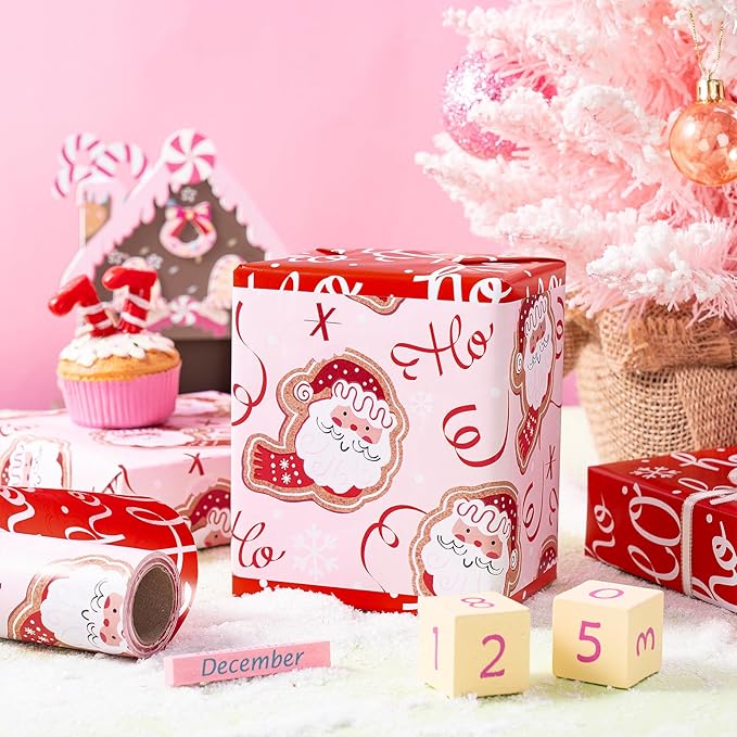 RUSPEPA Reversible Christmas Wrapping Paper Roll, Mini Roll, Adorable Santa Claus, Ribbon Design, Funny Red Ho Ho Ho Gift Wrap Paper Perfect for Girls, Family, Holiday Gifts, 17 Inches x 32.8 Feet