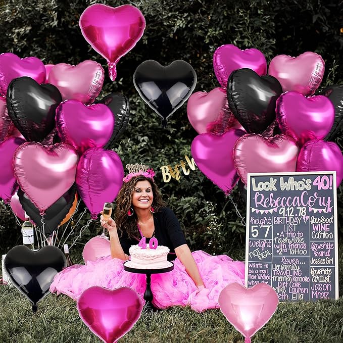 Pink Black Heart Foil Balloons, 12Pcs 18 Inch Hot Pink and Black Heart Shaped Foil Helium Balloon Party Decorations for Girls Women Princess Birthday Baby Shower Bridal Wedding Bachelorette