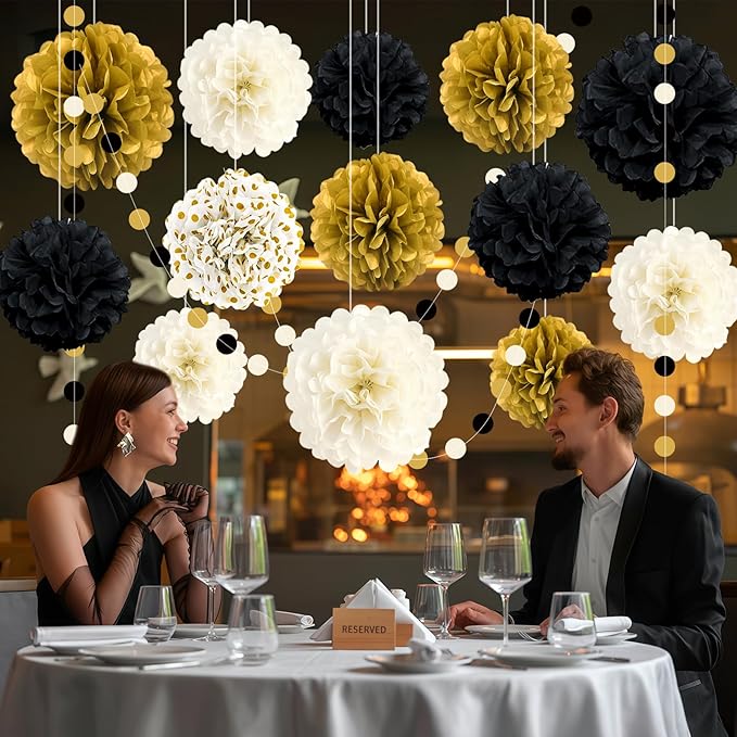 Black and Gold Party Decorations, 16 PCS Tissue Paper Pom Poms Dots Paper Garland Kit for New Year Party, Graduation, Wedding, Birthday, Engagement, Baby Shower, Retirement Party Decor