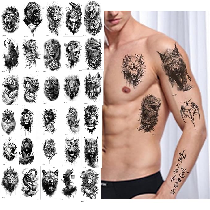 60 Sheets Temporary Tattoos Adult Black Fake Tattoos Oriental Lion Tiger Dragon Wolf unisex (60PCS ANIMAL PRINT)
