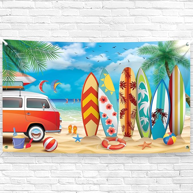 KatchOn, Xtralarge Beach Backdrop for Photography - 72x44 Inch | Aloha Blue Sky Ocean Palm Tree with Surfboard Background | Surfboard Backdrop, Surf Board Decoration | Surf Decorations For Party