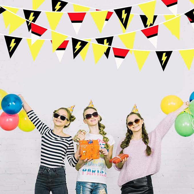 32Ft Cartoon Animation Party Decorations Red White Yellow Lightning Triangle Flag Fabric Banner Pennant Garland Streamer for Cartoon Birthday Animated Baby Shower Video Games Party Decor Supplies