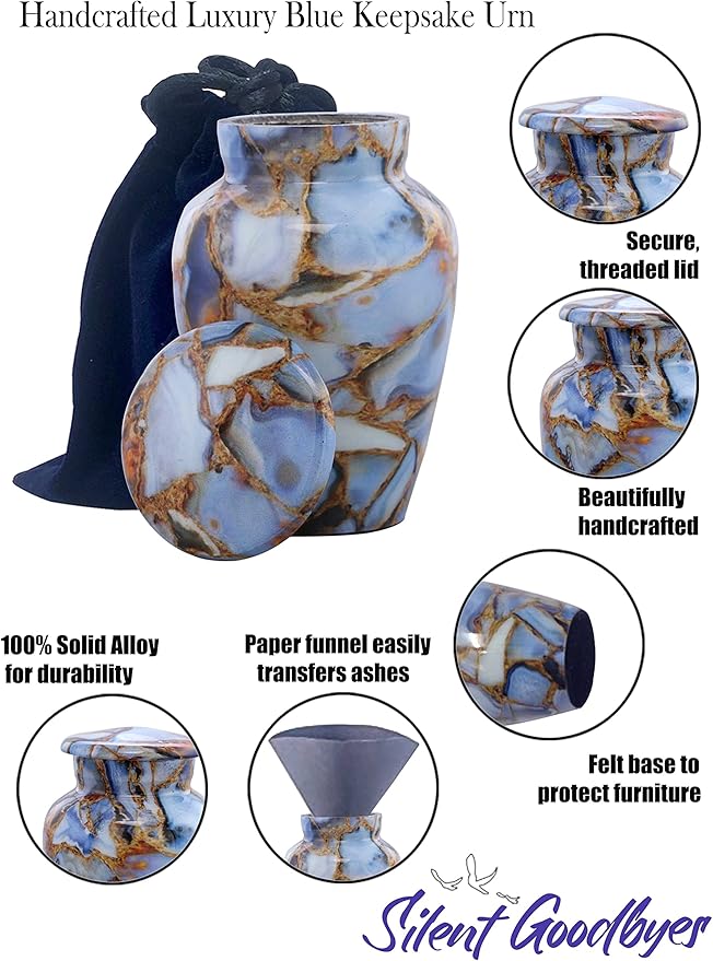 Small Keepsake Cremation Urns for Human Ashes - Marble Finish Metal Keepsake Urn - Mini Cremation Urn for Pet Ashes - Handcrafted Memorial Urn - Funeral Urns with Velvet Bag (Luxury Blue)