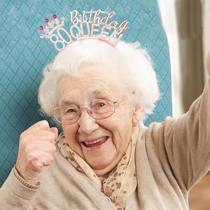 VELSCRUN 80th Birthday Queen Headband, Tiara Crown for Women, 80th Birthday Decorations for Her, Birth Queen Tiaras Crowns Sash for Women Mom Birth Party Decoration Hair Accessories Rose Gold