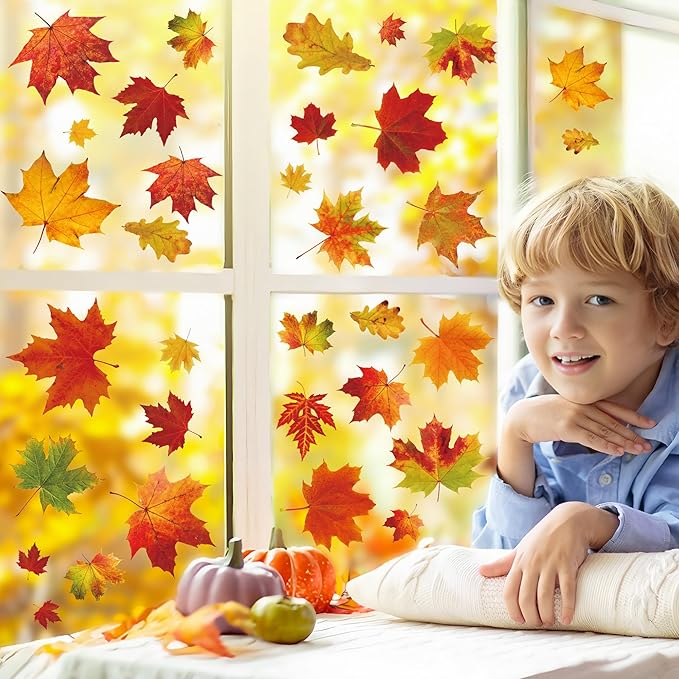 9 Sheets Fall Maple Leaves Window Clings Fall Leaves Double-Sided Window Decals Autumn Maple Leaf Windows Stickers for Autumn Thanksgiving Harvest Home Glass Living Room Bedroom Decoration