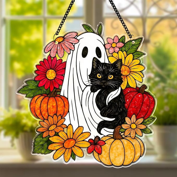 Cute Ghost Black Cat Halloween Decoration, Spooky Floral Boo Suncatcher Window Hanging, Fantasy Ghost and Pumpkin Ornaments, Gothic Housewarming Autumn Gifts for Mom, Plant Lovers, Cat Mom, Women