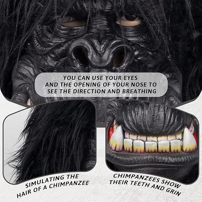MOKRY PARTY Gorilla Mask Hairy Latex Animal Mask Monkey Head Mask Halloween Carnival Costume Mask