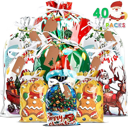 AURUZA 40Packs Christmas Drawstring Gift Bags - Assorted Sizes from Small to Jumbo, with Colorful Designs & Tags, deal for Holiday Wrapping & Decorations Party Favors
