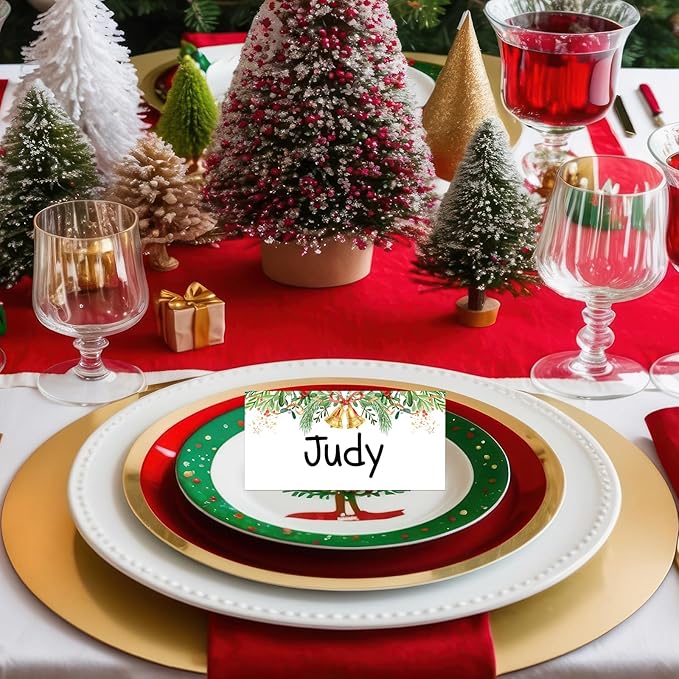 50 Pcs Christmas Place Cards for Xmas Seating Name Tags Placecard Holders Seating Christmas Food Tent Labels for Dinner Party Banquet Tables Buffet Food Label (Christmas-1)
