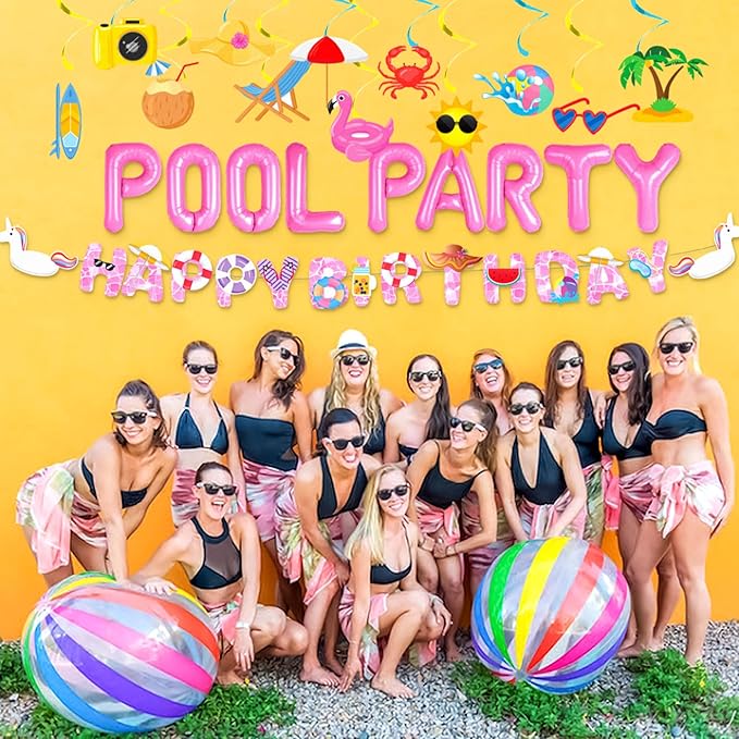 Summer Pool Beach Party Decoration, Pink Pool Party Balloon, Summer Birthday Bash Party Decorations Tropical Balloons Banner for girls Swimming Water Luau Tropical Hawaii Party Decoration Supplies