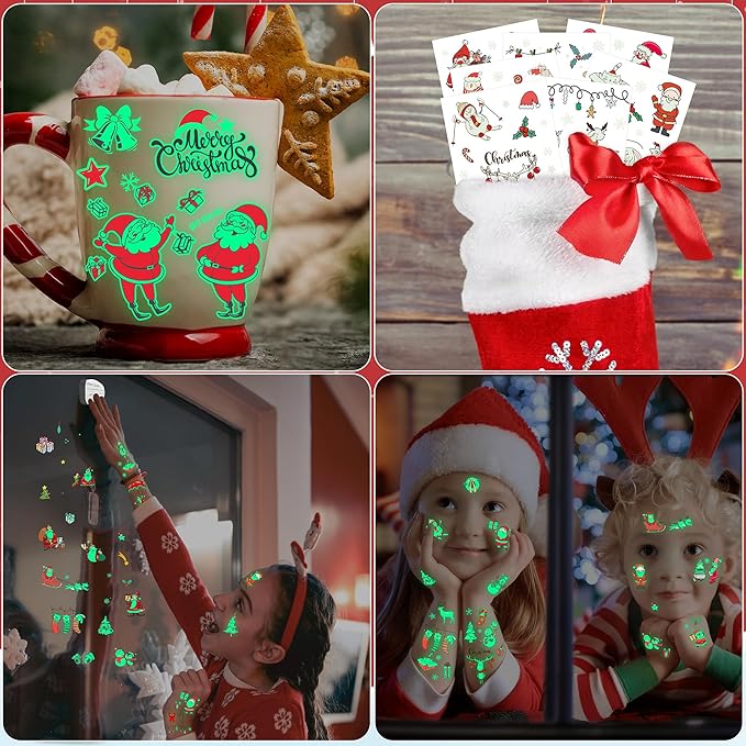12 Sheets Christmas Party Favors, Luminious Christmas Tattoos, Glow in The Dark Xmas Tattoos for Kids, Xmas Tattoos Stickers, Bulk Xmas Holiday Ugly Sweater Party Supplies Accessories