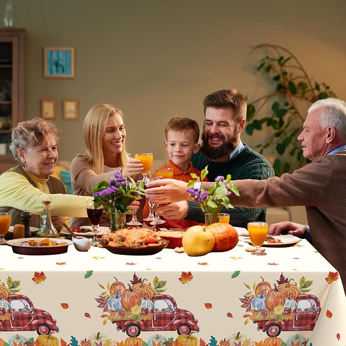 3Pcs Fall Pumpkin Truck Tablecloth, 54 x 108 Inch Thanksgiving Harvest Plastic Table Cover, Disposable Autumn Maple Leaf Table Cloth for Farmhouse Thanksgiving Fall Party Decorations