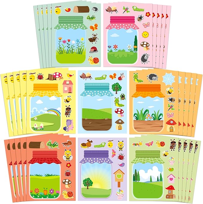 CY2SIDE Summer Bugs Jar Scene - 40PCS Insects Make a Face Sticker Sheets for Kids DIY Your Own Summer Animal Ladybug Bee Craft Games for School Classroom Activities Holiday Party Favor Gifts for Girls