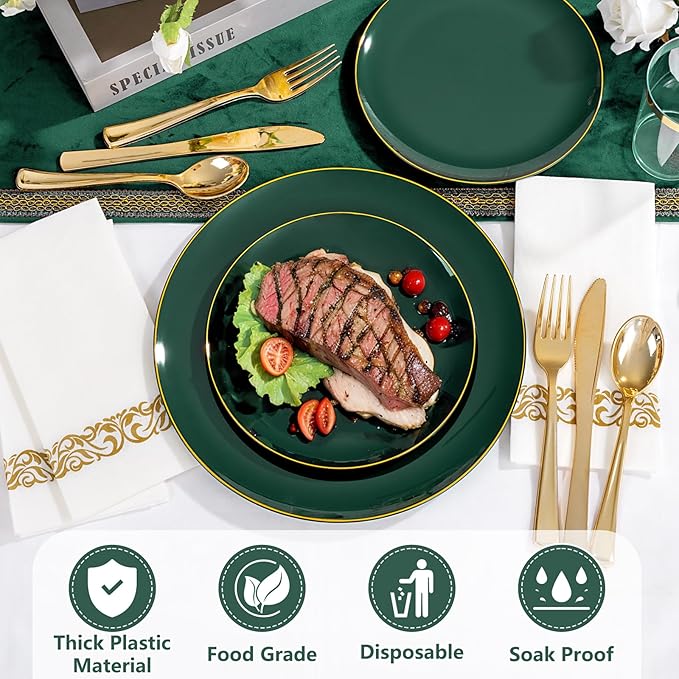 YOUBET 175PCS Green Plastic Plates - Green and Gold Disposable Plates Include 50 Plate, 75 Silverware, 25 Cups, 25 Napkins for Wedding & Party & Christmas