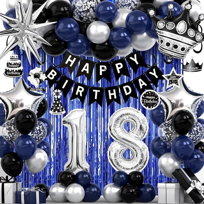 18th Birthday Decorations for Boys and Girls, Black Blue Silver Happy Birthday Number 18 Balloons, Banner, Fringe Curtains Garland Kit - 18 Year Old Party Supplies