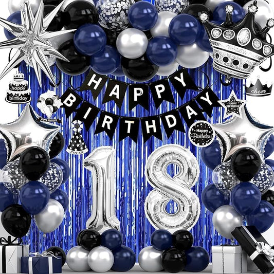 18th Birthday Decorations for Boys and Girls, Black Blue Silver Happy Birthday Number 18 Balloons, Banner, Fringe Curtains Garland Kit - 18 Year Old Party Supplies