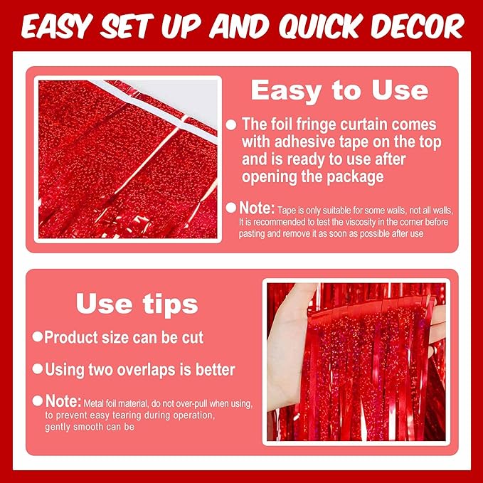 3 Pack Red Foil Fringe Curtains Backdrop, 3.28 x 8.2 Ft Metallic Streamers Tinsel Curtains Background for Photo Booth, Birthday, Christmas, Halloween, Thanksgiving, New Year Party Decorations