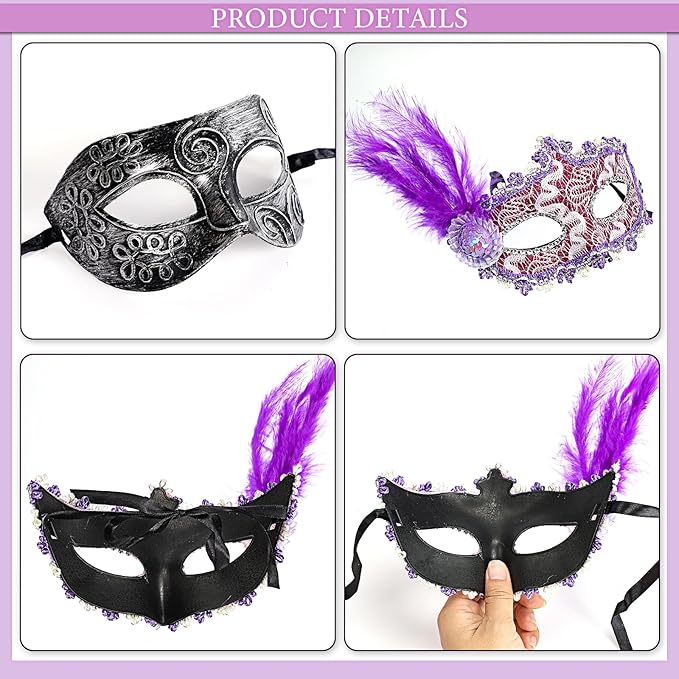 Sratte Couple Masquerade Mask with Feather Flower Unisex Half Face Venetian Mask for Mardi Gras Party