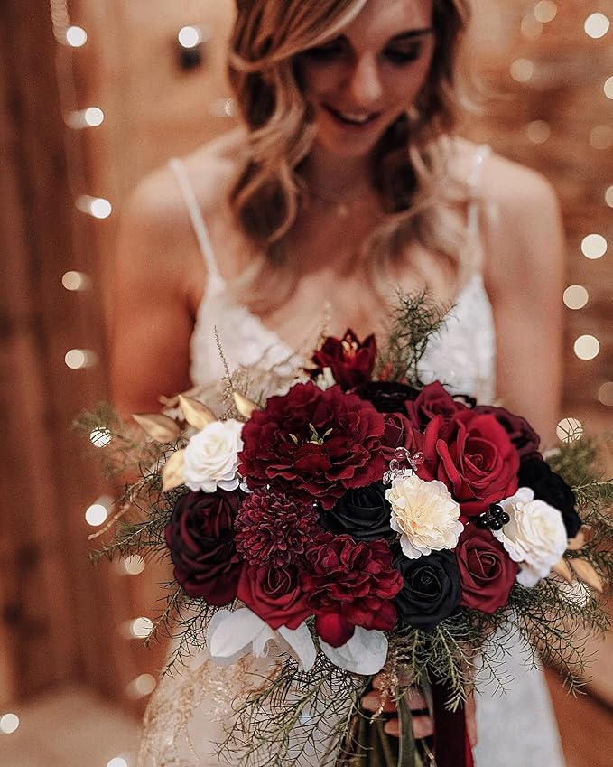 Roses Artificial Flowers Burgundy Fake Flower Bulk with Stems for DIY Wedding Bouquet Bridal Baby Shower Centerpiece Table Decorations Silk Faux Floral Arrangements Party Home Decor Red Black