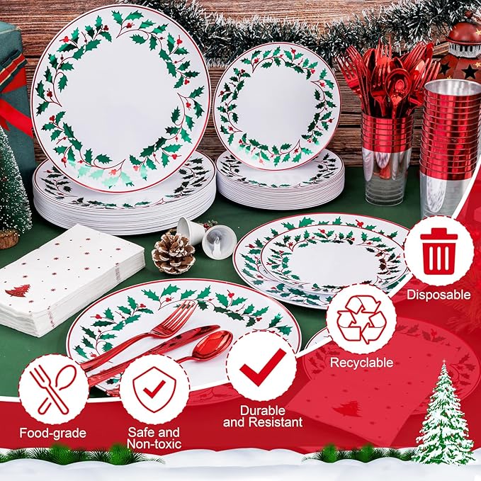WDF 175Pcs Disposable Christmas Plates & Napkins - 25 Dinner & Dessert Plates, 25 Utensils, 25 Cups, 25 Christmas Napkins