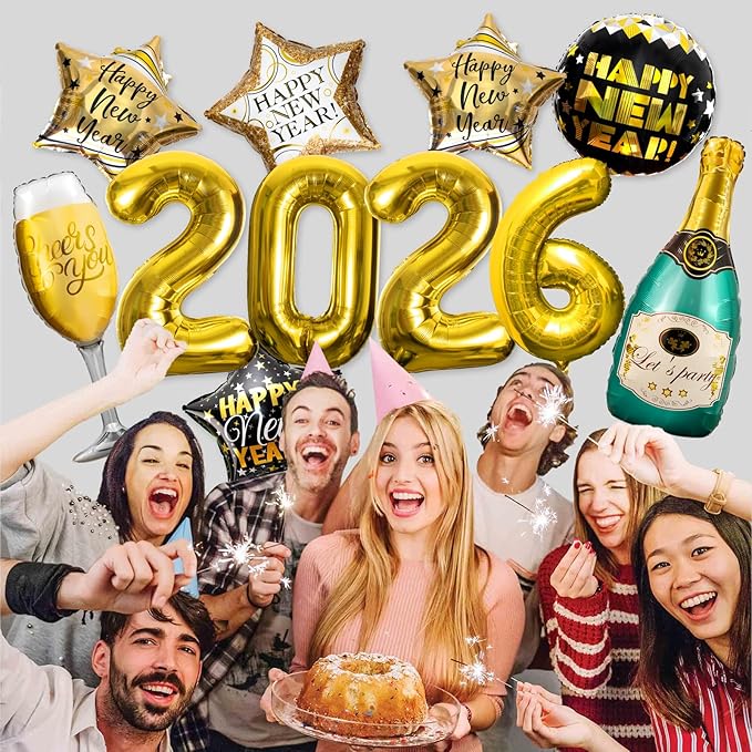 Happy New Years Eve Party Supplies 2026, 11 Pcs Foil Balloon New Years Decorations Set