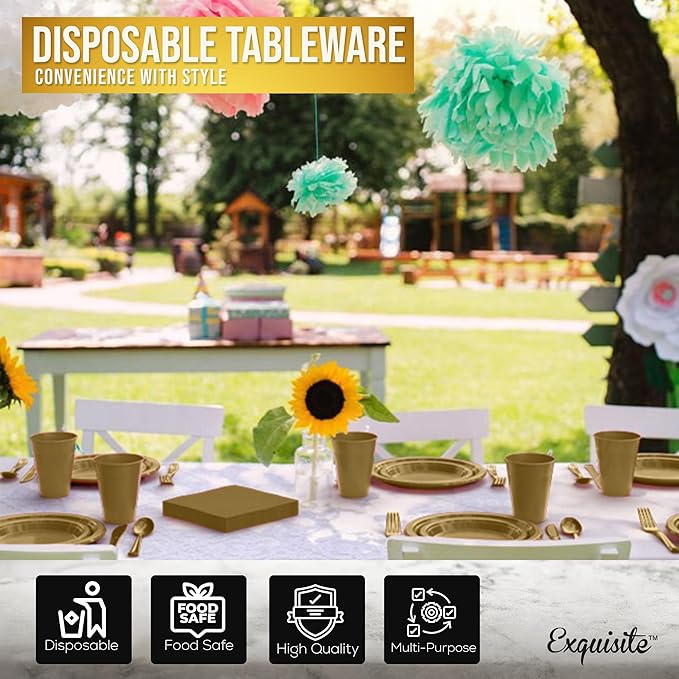 Party Solids 350 Pieces Gold Plastic Plates For Party, Gold Disposable Plates Set, 50 Of Each 9" Dinner Plate Set, 7" Dessert Plate, Cups, Napkins & Cutlery Plastic Dinnerware