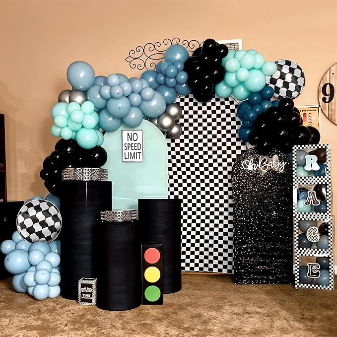 Race Car Balloons Garland Arch Kit, Dusty Blue Balloons Green Black Balloon Pale Blue Metallic Silver Balloon Arch Kit with Checkered Foil Balloon for Car Fast Birthday Baby Shower Party Decorations