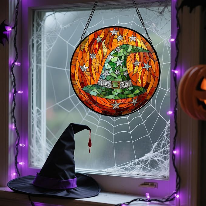 Stained Glass Window Hanging - Halloween Decorations Witch Hat Suncatcher for Doors Garden Indoor Spooky Funny Green Sun Catchers Gothic Decor Horror Gifts for Women Men Friend 15 in