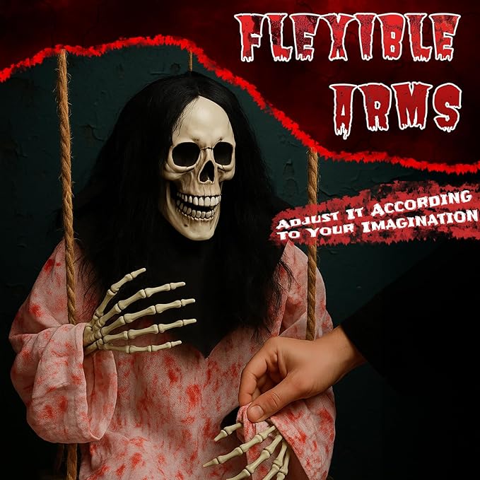 VINGLI Halloween Hanging Swining Skeleton Ghost with Creepy Sounds & Flashing Red Eyes, Scary 2 Pack for Indoor Haunted House Party & Outdoor Graves Scary Yard Garden Lawn Decoration.