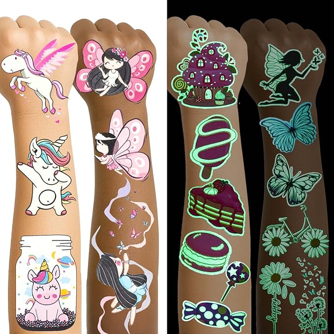 350+ Kids Themed Designs Temporary Tattoos for Girls - Individually Wrapped, Glow in the Dark, Waterproof Fake Tattoos - Multiple Themes: Mermaid, Unicorn, Dinosaur, Princess, Fairy, Animal, Butterfly