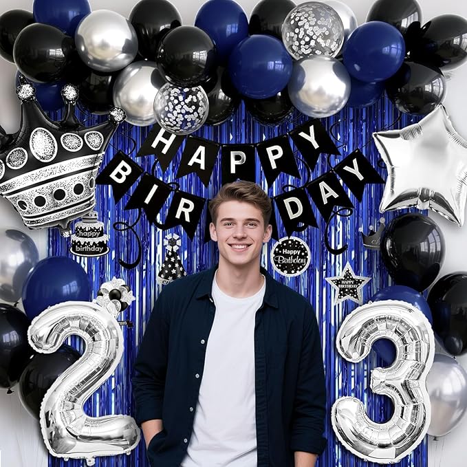 23rd Birthday Decorations for Men and Women, Black Blue Silver Happy Birthday Number 23 Balloons, Banner, Fringe Curtains Garland Kit - 23 Year Old Party Supplies