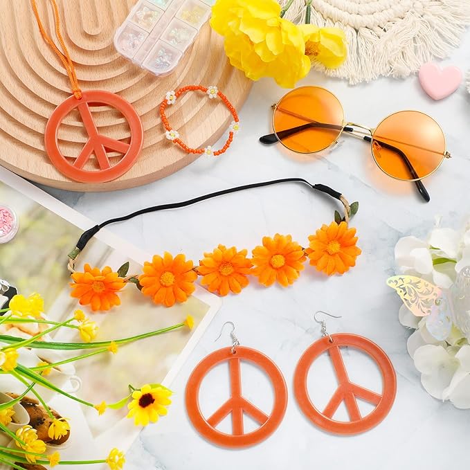 Batiyeer 6 Pcs Hippie Costume Accessories Set, Boho Peace Sign Daisy Flower 60s 70s Party Favors Decor for Groovy Party Women(Orange)