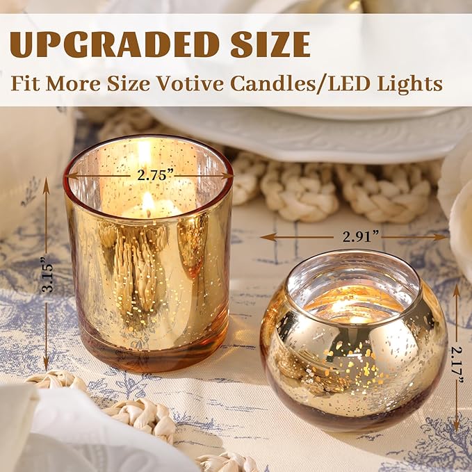 Volens 30pcs Assorted Gold Votive Candle Holders Bulk, Large Gold Wedding Centerpieces for Tables, Mercury Glass Votive & Tealight Candle Holders for Party Decorations and Home Decor