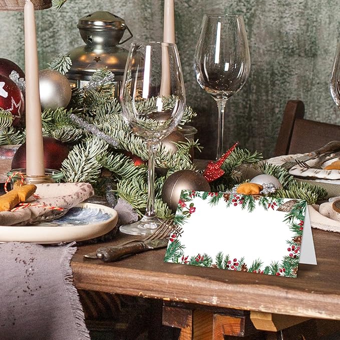 Whaline 100Pcs Christmas Place Cards 2 x 3.5 Inch Holly Berry with Pine Branch Cone Tented Cards Seating Cards for Xmas Wedding Bridal Shower Birthday Party Table Setting