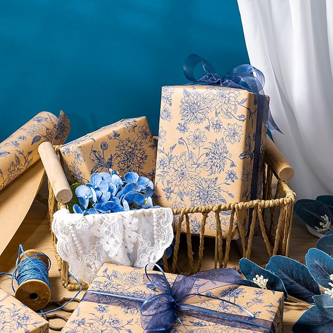 WRAPAHOLIC Kraft Blue Floral Wrapping Paper - Mini Roll - 17 Inch x 16.5 Feet - Vintage Blue Toile De Jouy Flower Wrapping Paper Perfect for Wedding, Birthday, Bridal Shower, Tea Party