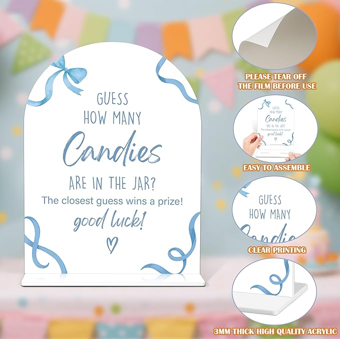 Baby Shower Games - Blue Bow Guess How Many Candies Are in the Jar Game, 1 Arch Acrylic Sign and 50 Guessing Cards, Gender Reveal Game, Blue Baby Shower Decoration Supplies (DT02)