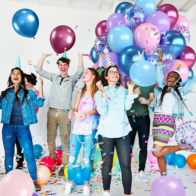 Pink and Blue Balloons,12 Inch Metallic Maca Blue Pink Purple with Pink Blue Confetti Balloon for Gender Reveal Birthday Baby Shower Summer Hawaiian Theme Party Decorations