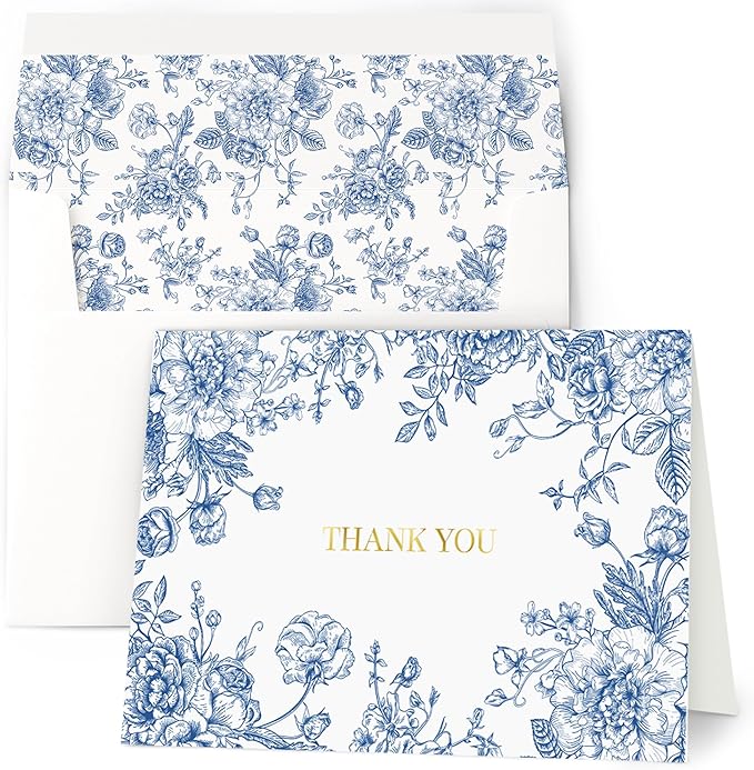 AUDREE 50 Gold Foil Thank You Cards with Envelopes (4x6) - Elegant Blue Floral Thank You Cards with Matching Adhesive Envelopes - Perfect for Wedding, Bridal Showers, Baby Showers, All Occasion