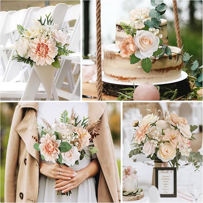 AmyHomie Nude Color Artificial Flowers Combo Silk Mix Peony Rose Fake Flowers w/Stem for DIY Wedding Bouquets Centerpieces Arrangements Table Fall Decor Party Bridal Baby Shower Home Decorations