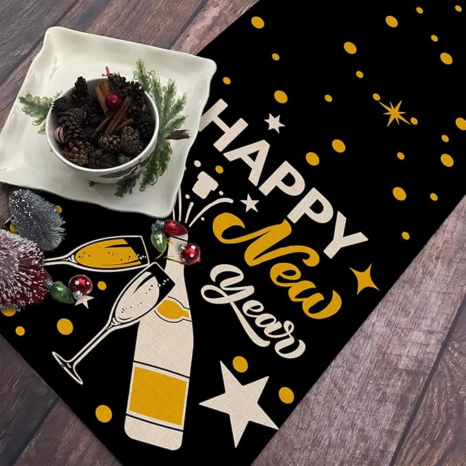 Seliem Happy New Year Eve Cheers Table Runner, Black Gold Tabletop Scarf Home Kitchen Polka Dots Stars Decor, 2026 Winter Holiday Farmhouse Burlap Dining Decorations Party Supply 13 X 36